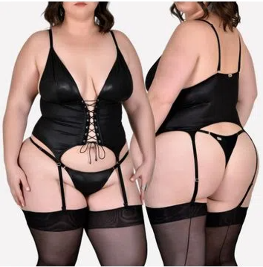 Imagem de Corpete Plus Size Com Ligas em Lycra Cirrê & Calcinha Fio Com Regulagem